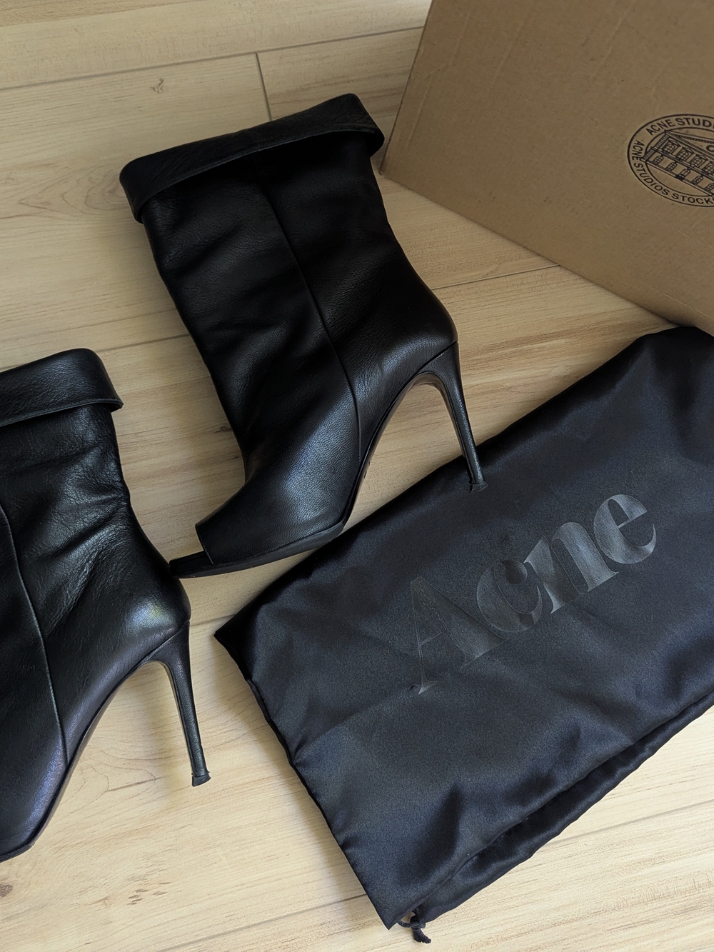 Acne Black Leather Peep-Toe Mid-Heel Ankle Boots - Picture 6 of 7